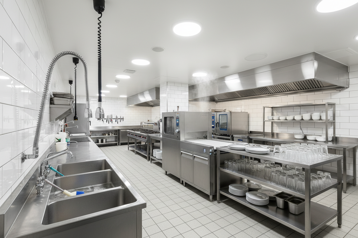 commercial kitchen where you can see the wash area