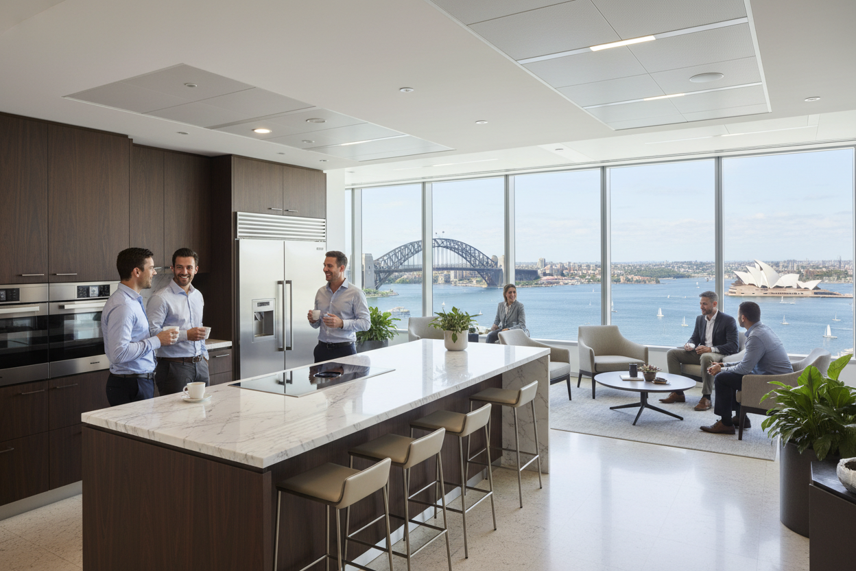 people talking to each other in a commercial office kitchen.  The building they are in has views of sydney harbour